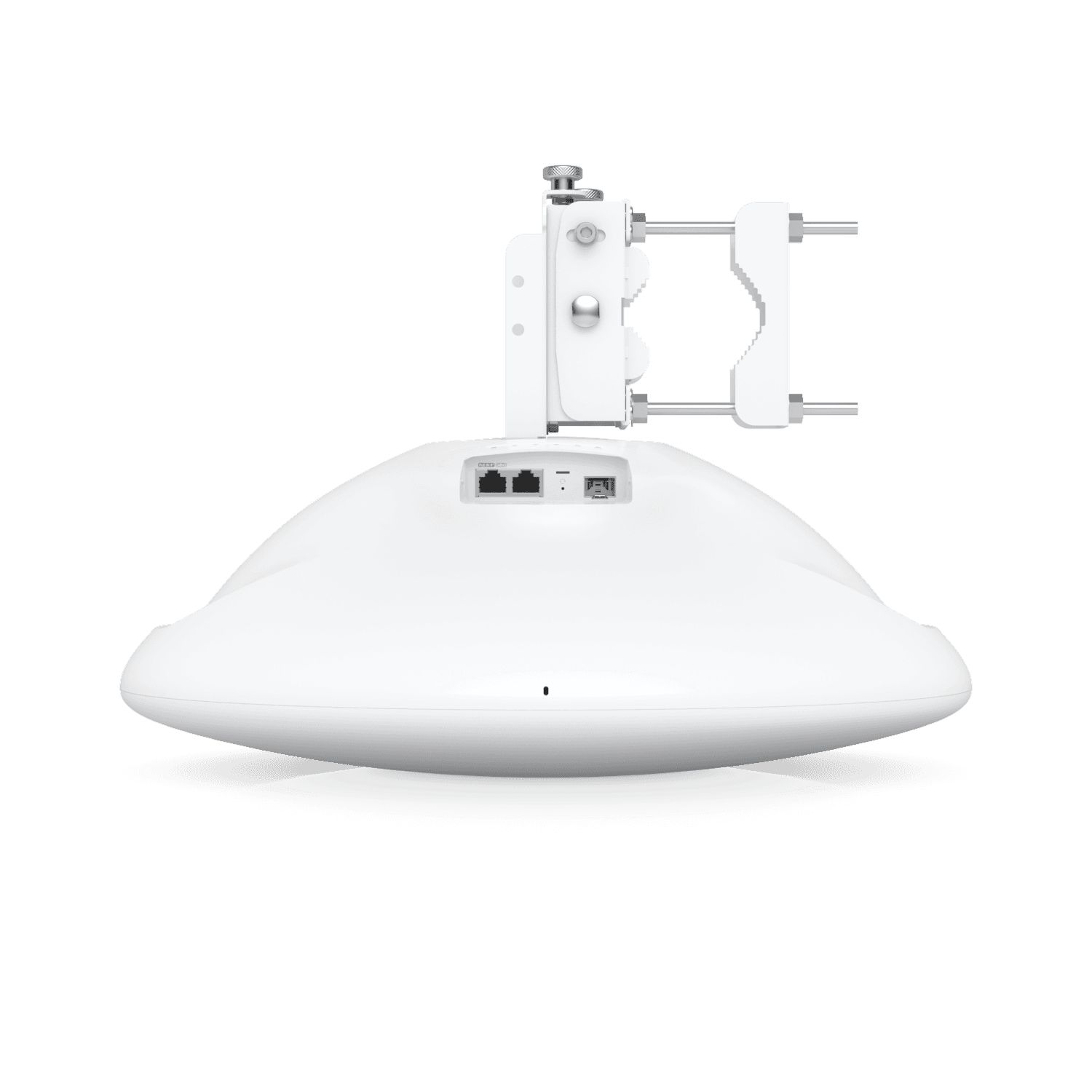 Het Ubiquiti UISP Wave Pro 60 GHz Point-to-Multipoint access point liggend met de bevestigingsbeugel en ethernetpoorten zichtbaar