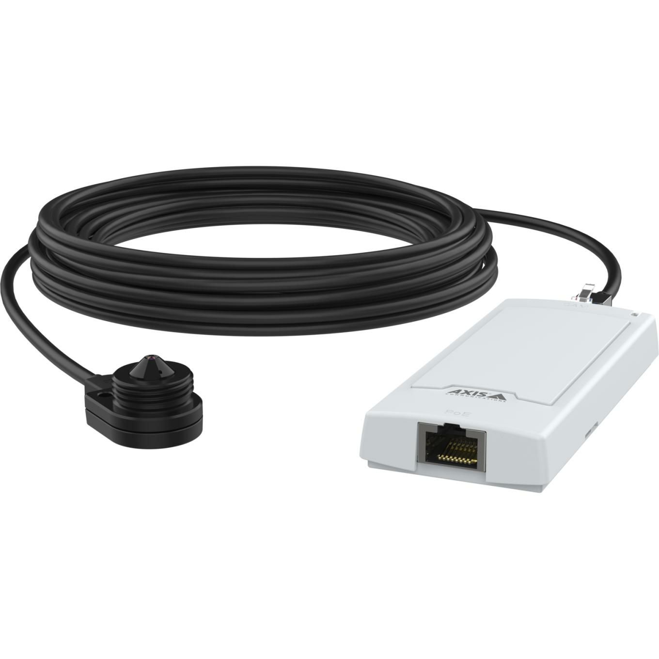 De Axis P1265 Mk II Modulaire Pinhole Camera met de sensorunit en hoofdunit verbonden met de 8m kabel