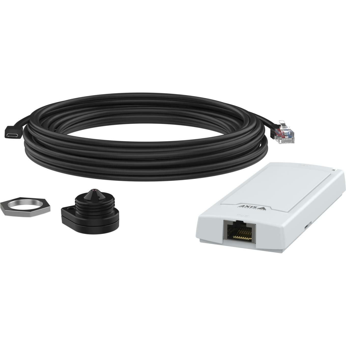Alle onderdelen van de Axis P1265 Mk II Modulaire Pinhole Camera los van elkaar met 8m kabel en sensorunit en hoofdunit