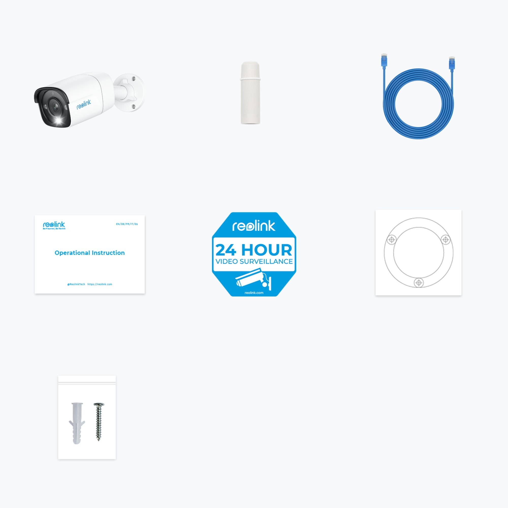 Verpakkingsinhoud van de Reolink P340 12MP PoE spotlight camera met aansluitmateriaal en kabel en waarschuwingssticker