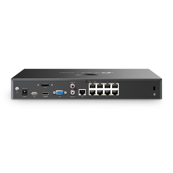 Achterkant van de TP-Link VIGI NVR2008H-8MP 8-kanaals netwerk videorecorder met 8 PoE poorten voor de camera's en andere aansluitingen