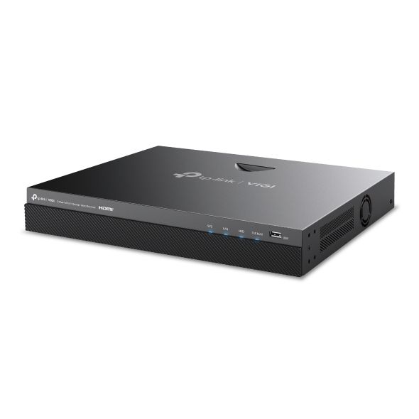 Rechter zijkant en voorkant en bovenkant van de TP-Link VIGI NVR2008H-8MP 8-kanaals netwerk videorecorder