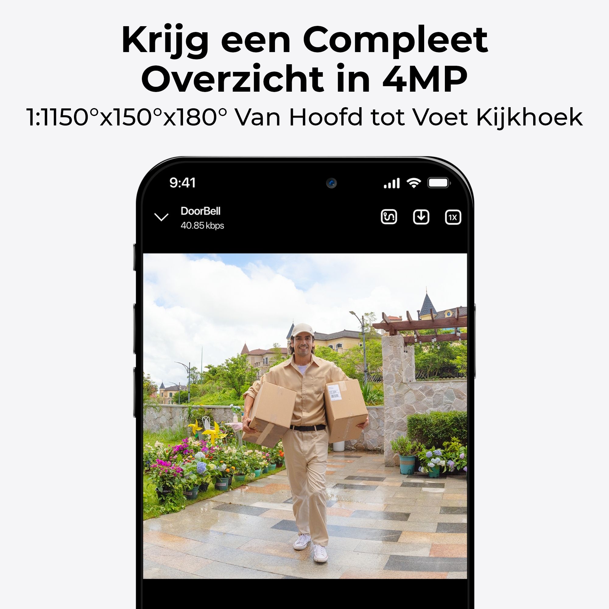 Bekijk de videobeelden van de Reolink D340B 4MP WiFi videodeurbel met accu en slimme detectie in 1:1 beeldverhouding via de app