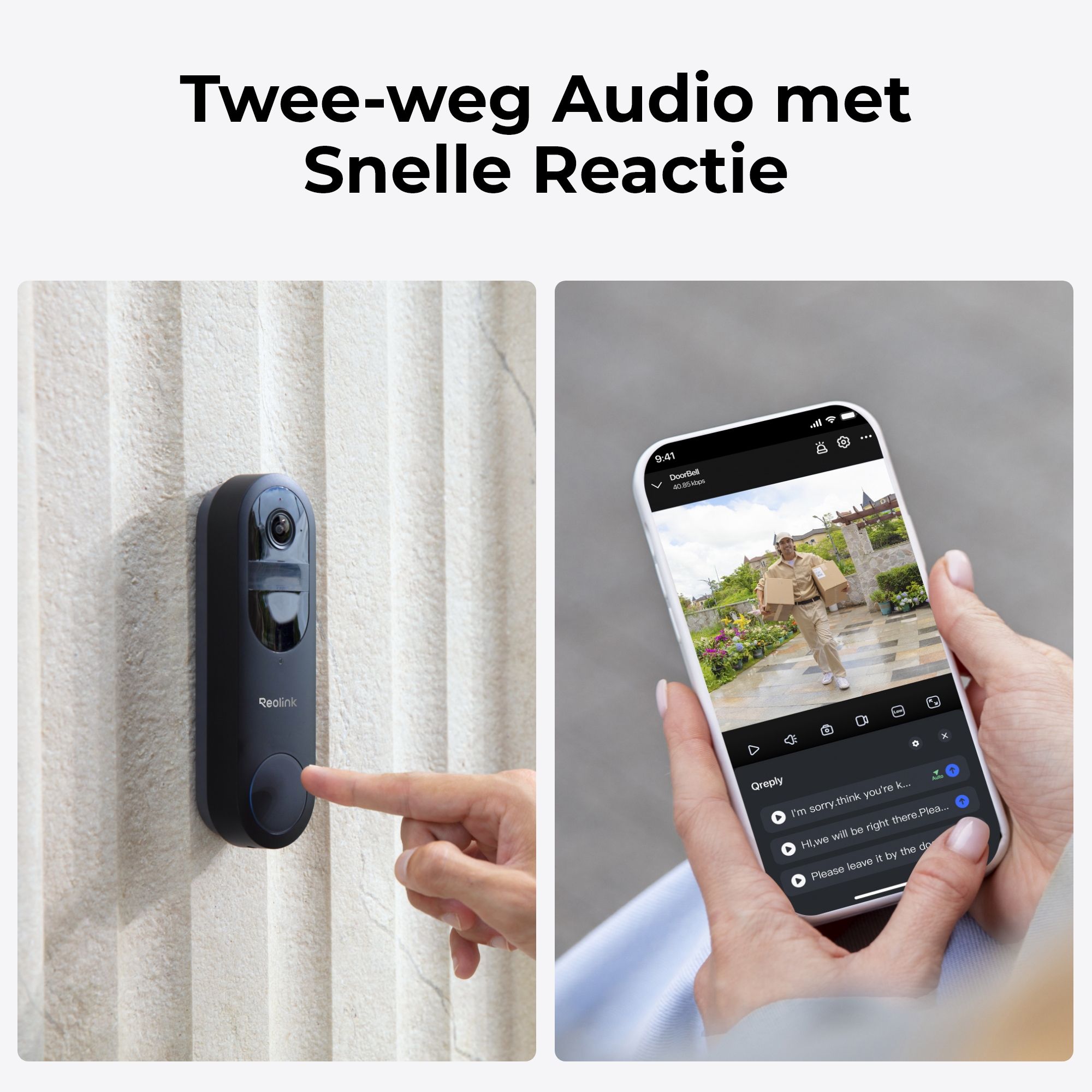 Communiceer via de Reolink D340B 4MP WiFi videodeurbel met accu en slimme detectie