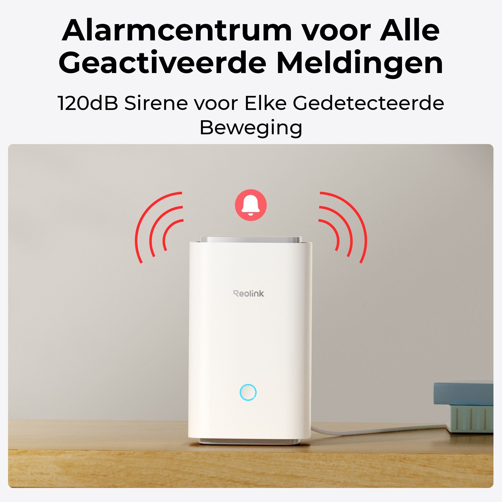 De Reolink Home Hub1 met 128GB microSD-kaart geeft een alarmmelding bij bewegingsdetectie via de 120 dB sirene