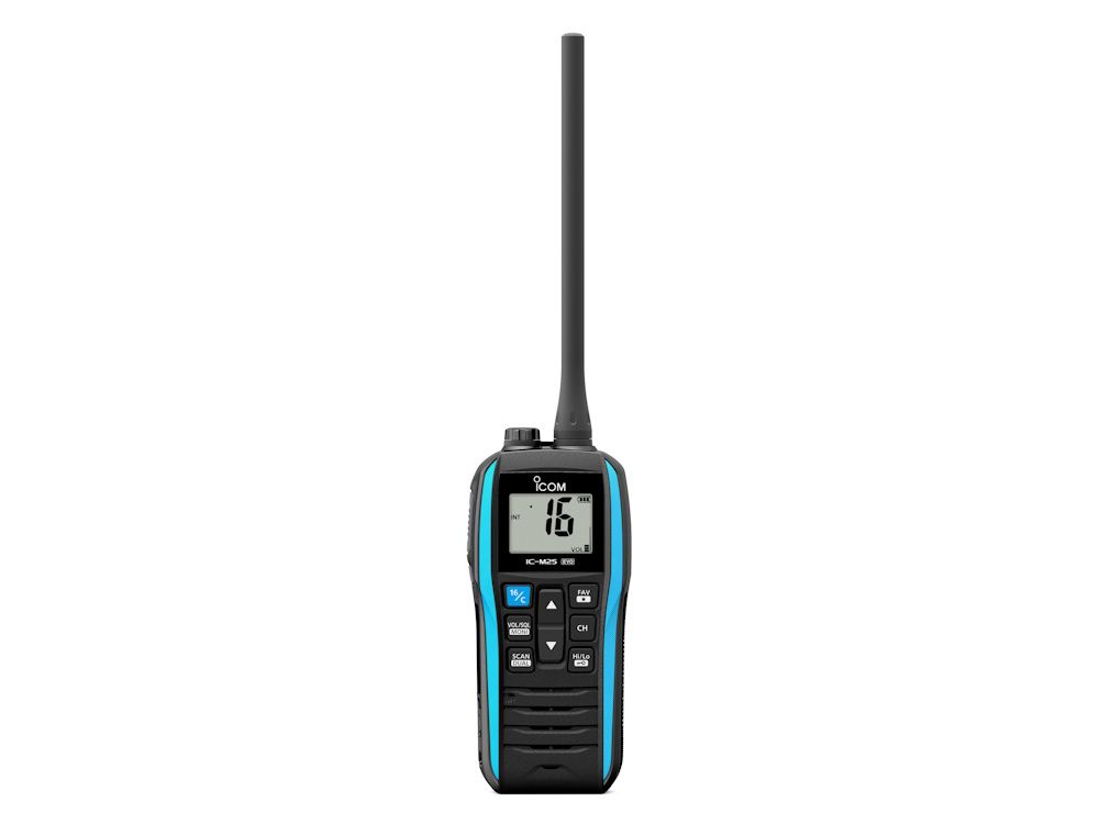 Voorkant van de blauwe Icom IC-M25EURO EVO drijvende waterdichte handheld marifoon