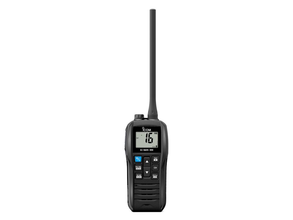 Voorkant van de zwarte Icom IC-M25EURO EVO drijvende waterdichte handheld marifoon