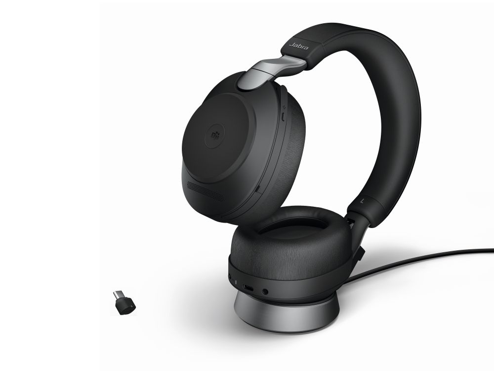 Jabra Evolve2 85 serie Bluetooth headset met USB-A of USB-C dongle en optioneel laadstation