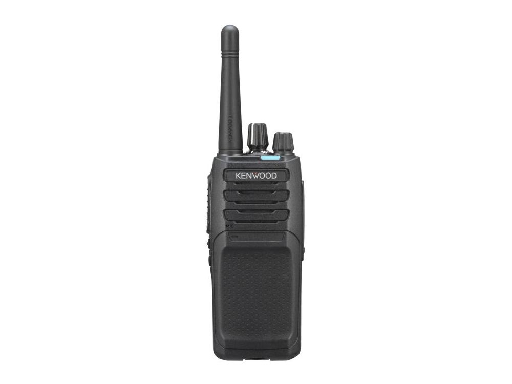 Voorkant van de Kenwood NX-1300DE3 Digitale UHF Portofoon met korte UHF antenne en accu