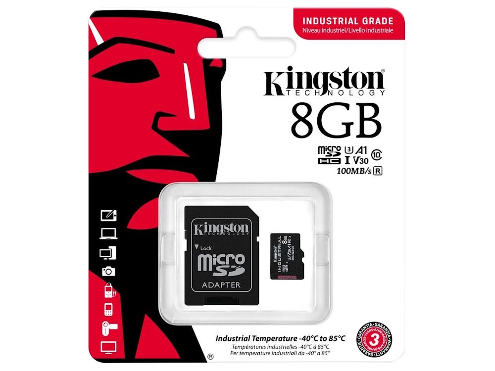 De Kingston SDCIT2/8GB industriële 8GB microSD-kaart met SD adapter in de verpakking