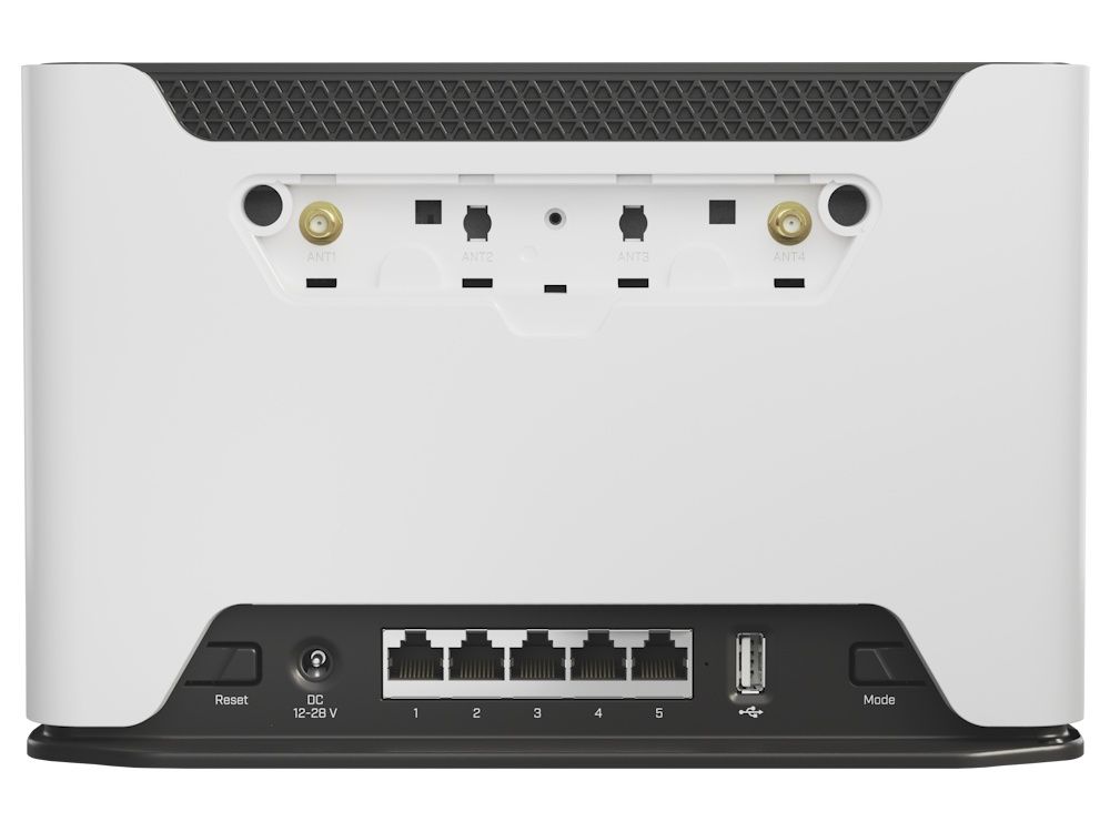 Achterkant van de MikroTik Chateau LTE6 4G router met de 2 antenne-aansluitingen voor externe LTE antennes en 5 gigabit ethernetpoorten en 1 USB poort