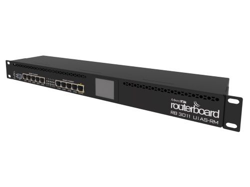 Bovenkant en voorkant van het MikroTik RB3011UiAS-RM Routerboard