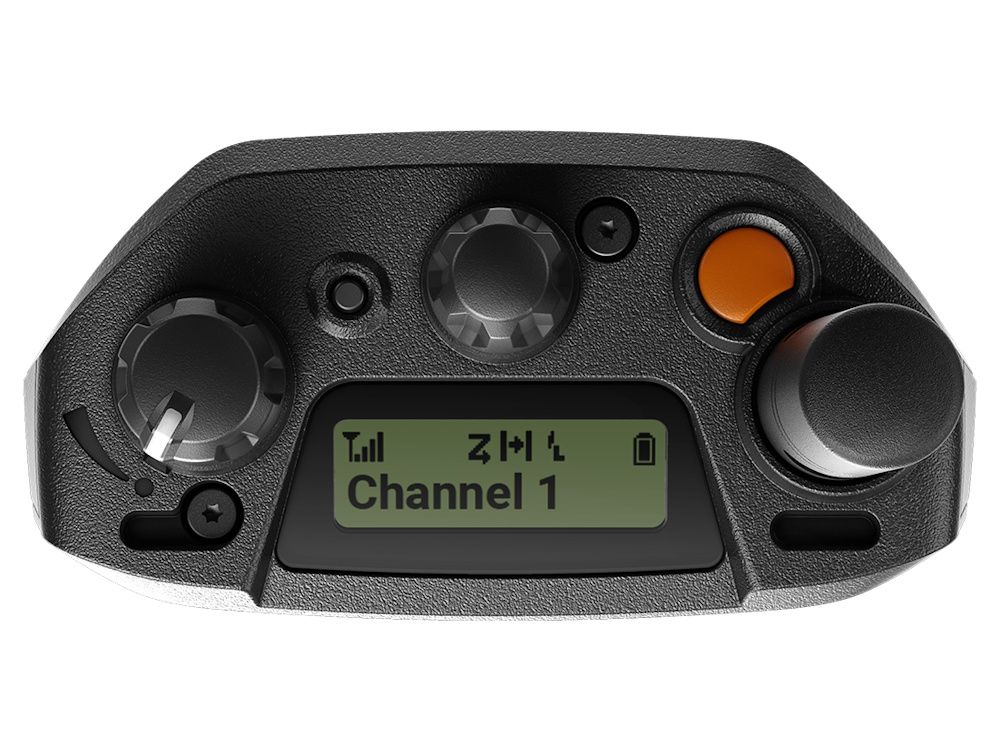 Bovenkant van de Motorola MOTOTRBO Ion 4G LTE WiFi portofoon met antenne en noodknop en kanaalknop en display
