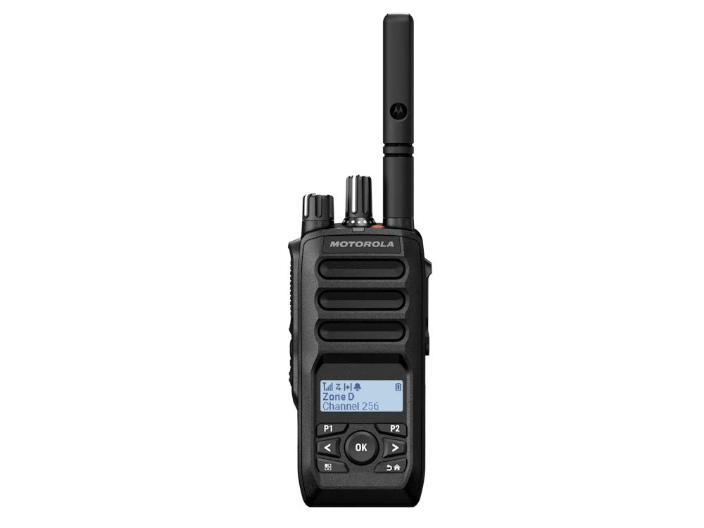 Voorkant van de Motorola R5 LKP UHF portofoon met display en keypad