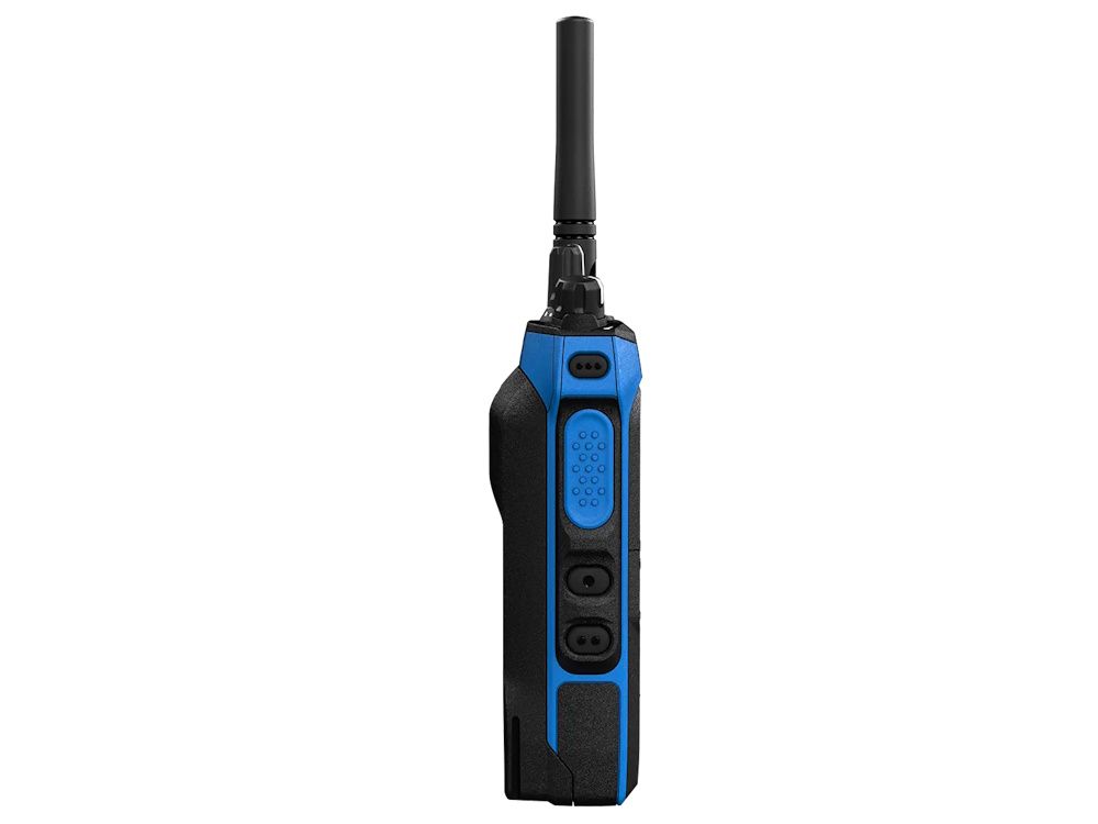 Linker zijkant van de Motorola R7Ex ATEX UHF portofoon met display zonder lader met twee push to talk knoppen
