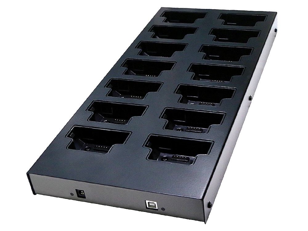 De Motorola VB400 14-port USB dock met alle laadstations zichtbaar