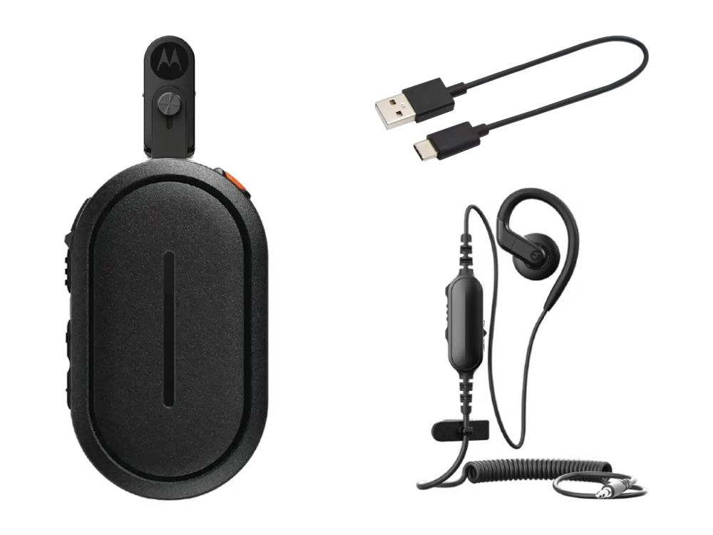 Motorola WAVE PTX TLK 25 Wi-Fi portofoon met badge-clip USB-C oplaadkabel en bekabeld C-oortje