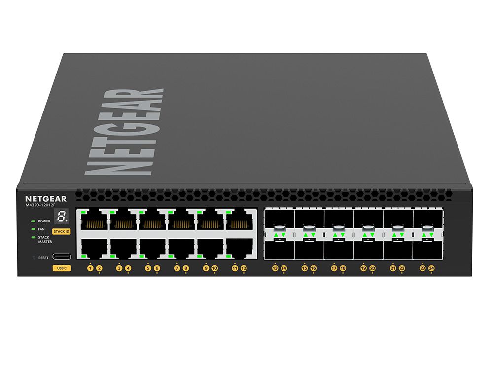 Netgear M4350-12X12F aansluitingen voorkant
