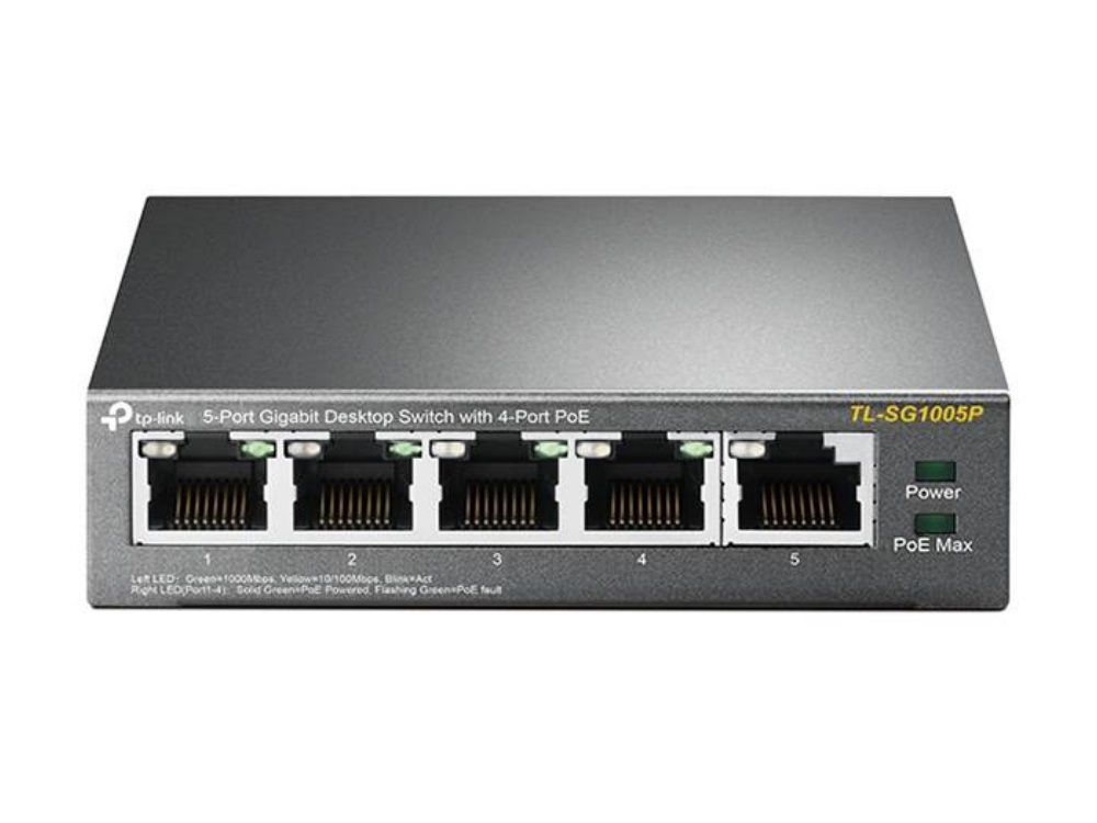 Voorkant van de TP-Link TL-SG1005P 5-poorts Gigabit PoE switch met ethernetpoorten