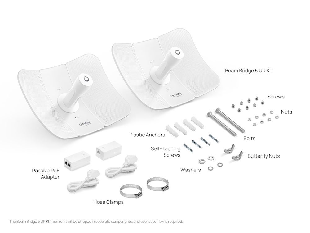 Verpakkingsinhoud van de Omada by TP-Link Beam Bridge 5 UR KIT 5 GHz WiFi 5 Point-to-Point bundel 23dBi