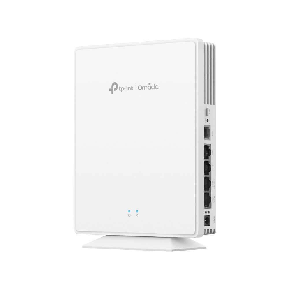 Omada by TP-Link EAP650-desktop WiFi 6 indoor access point schuin met de poorten zichtbaar