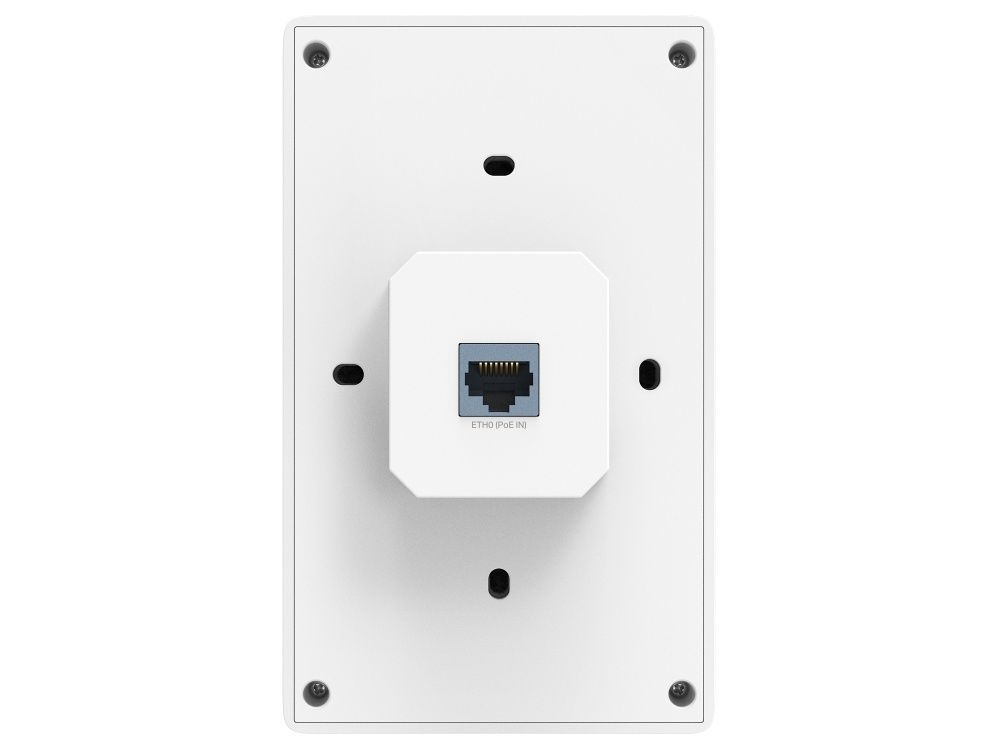 Achterkant van het Omada by TP-Link EAP725-Wall indoor WiFi 7 access point met de 2.5 Gigabit ethernetpoort met PoE++ input