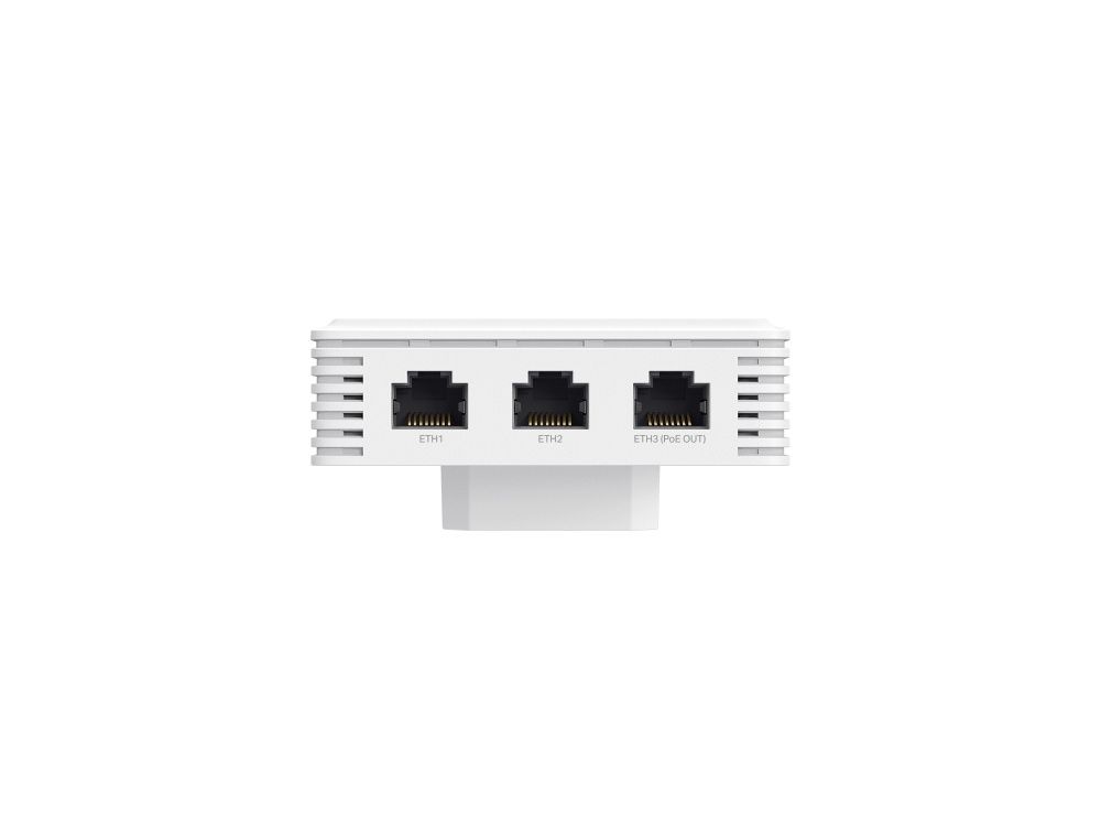 Onderkant van het Omada by TP-Link EAP725-Wall indoor WiFi 7 access point met de 2 Gigabit ethernetpoorten en de 2.5 Gigabit ethernetpoort met PoE output