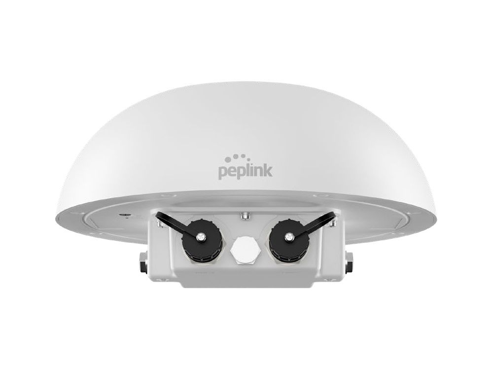 Voorkant van de Peplink Dome Pro Duo 5G router met ethernetbehuizing en PoE input en output aansluitingen