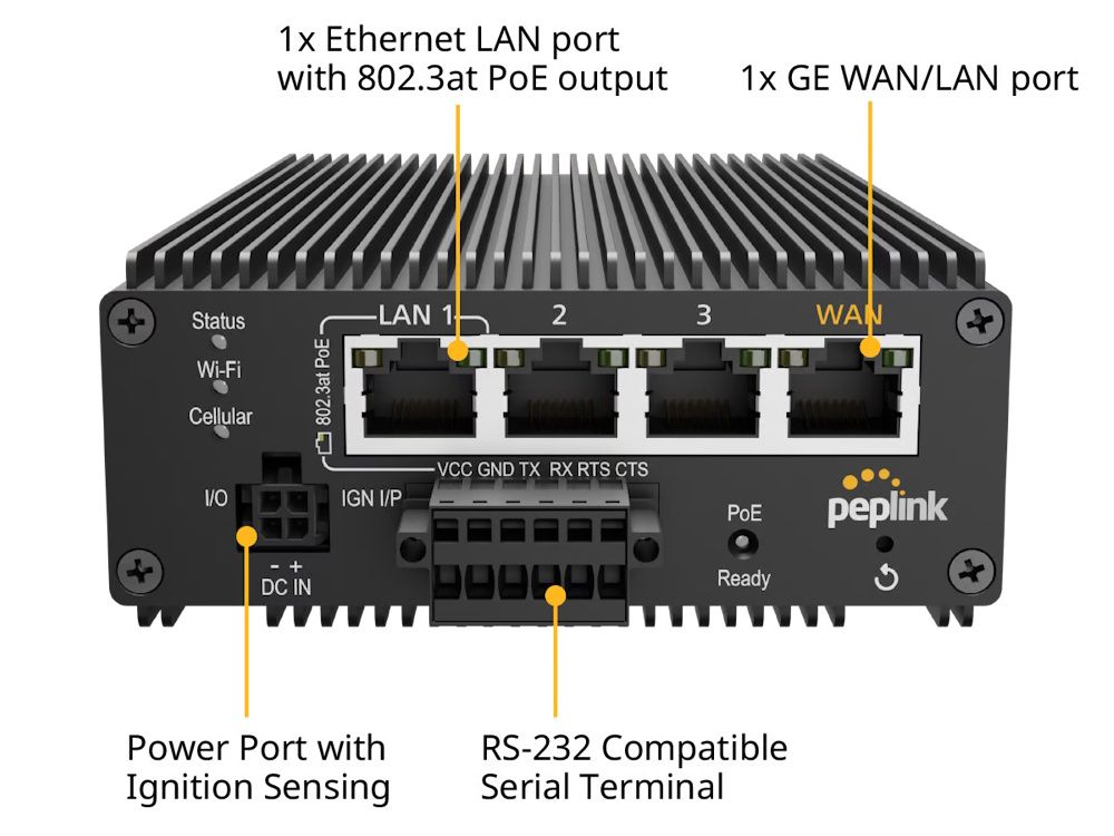 Specificaties van de voorkant van de Peplink MAX Transit Pro E 5G rugged mobiele 5G router