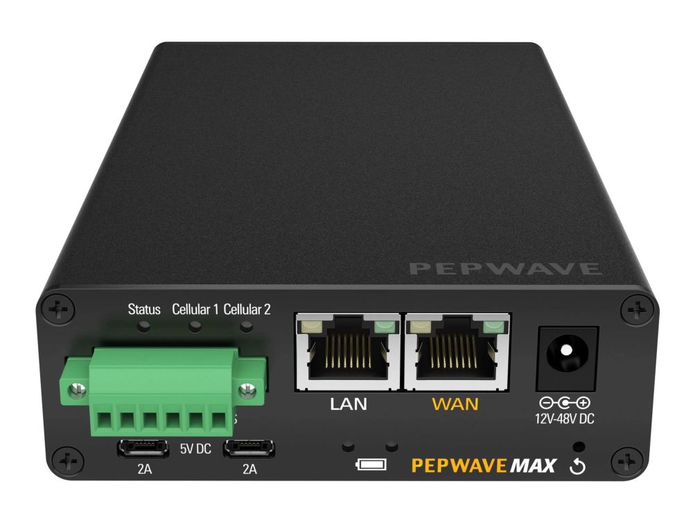 Voorkant van de Peplink MAX Transit Duo Pro Global 4G LTE M2M router met LAN poort en WAN poort