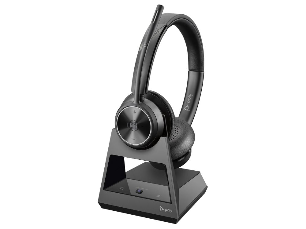 Poly Savi 7300 serie draadloze DECT headset voor bureautelefoon en pc inclusief laadstation