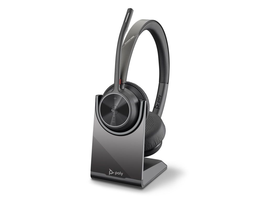 Poly Voyager 4300 Bluetooth headset met USB dongle en optionele laadstandaard