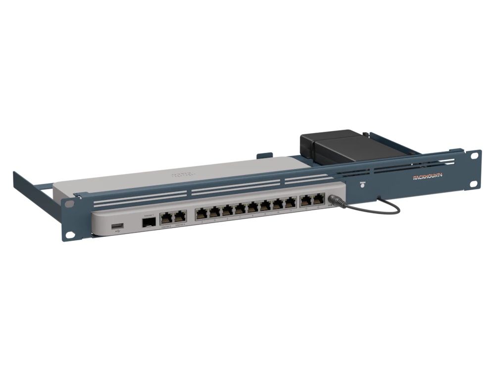 Linker zijkant en voorkant van de Rackmount kit RM-CI-T24 voor Cisco Meraki MX68 en MX75 switches