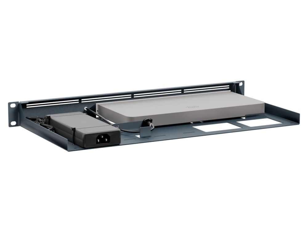 Achterkant van de Rackmount kit RM-CI-T24 met daarin een Cisco Meraki MX68 of MX75 switch