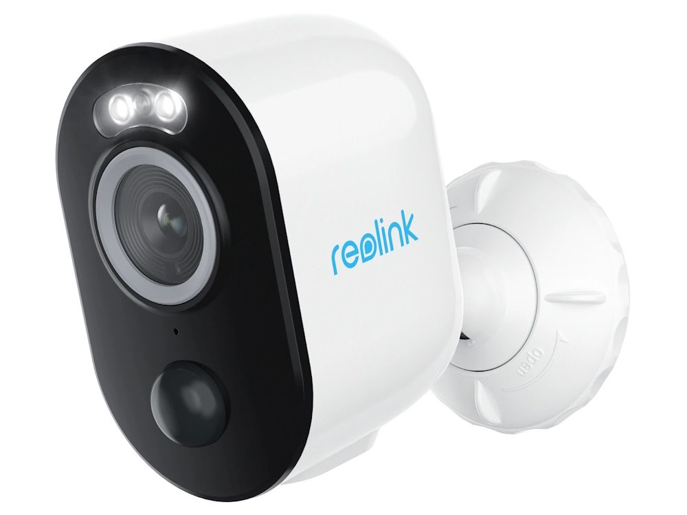 Draadloze Reolink B330 outdoor 4MP WiFi camera met accu van de zijkant en voorkant