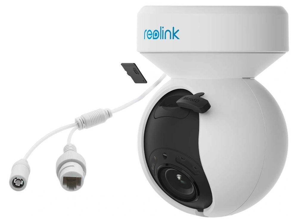 De Reolink E540 outdoor 5MP PTZ WiFi camera wit met stroomaansluiting en ethernetaansluiting en microSD-kaartslot