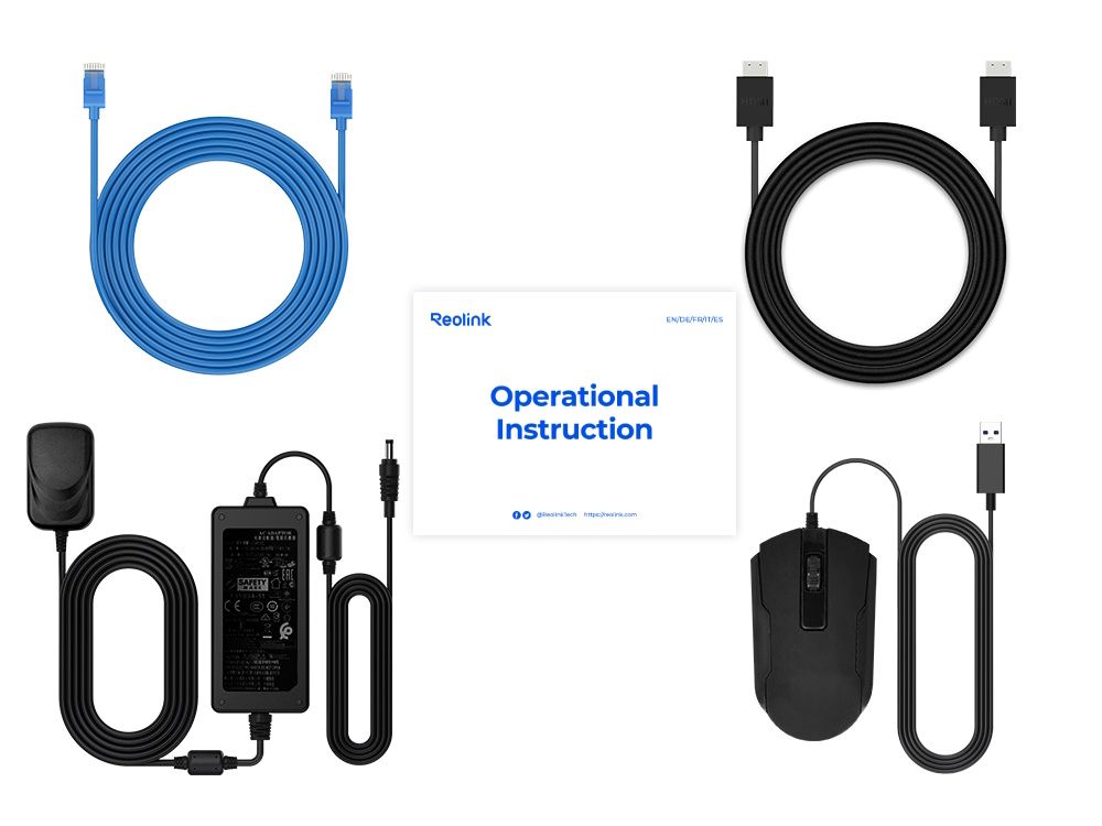 Verpakkingsinhoud naast de Reolink Pro RP-PN8-NHD 12-kanaals PoE NVR