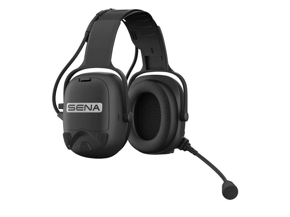 Linker zijkant van de Sena Cast Mesh headset met hoofdbeugel voor gehoorbescherming en groepscommunicatie met de microfoon zichtbaar