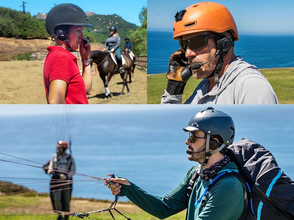 De Sena Expand Mesh Intercom multi-sport outdoor headset in gebruik tijdens een paardrijles en bij paragliden