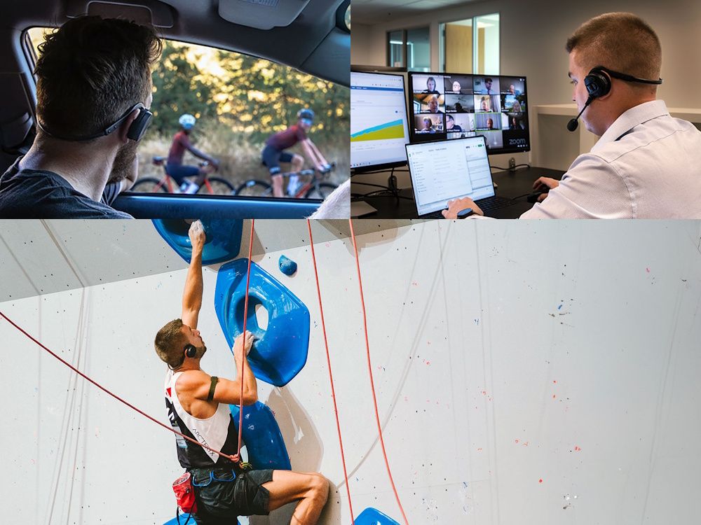 De Sena Expand Mesh Intercom multi-sport outdoor headset in gebruik tijdens klimmen in de klimhal en tijdens een wielrentraining en als headset bij een meeting