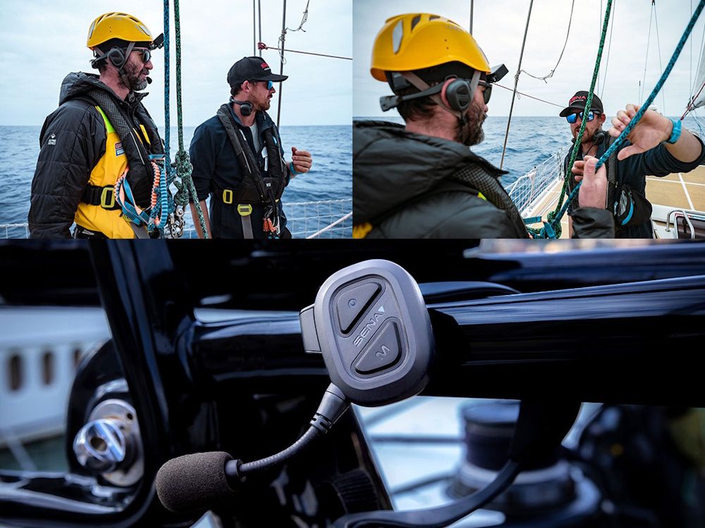 De Sena NAUTITALK BOSUN Mesh Intercom headset voor zeilers in gebruik op een zeilboot voor communicatie