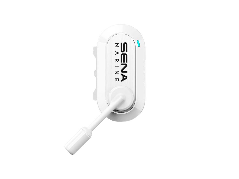 Zijkant van de Sena Nautitalk Crew headset voor communicatie op het water met uitgeklapte microfoon