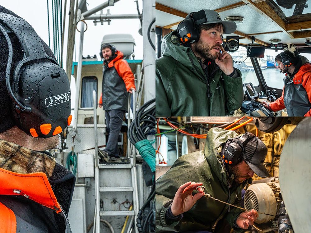 De Sena NAUTITALK N2R Mesh Intercom headset met gehoorbescherming in gebruik aan boord van een maritiem schip