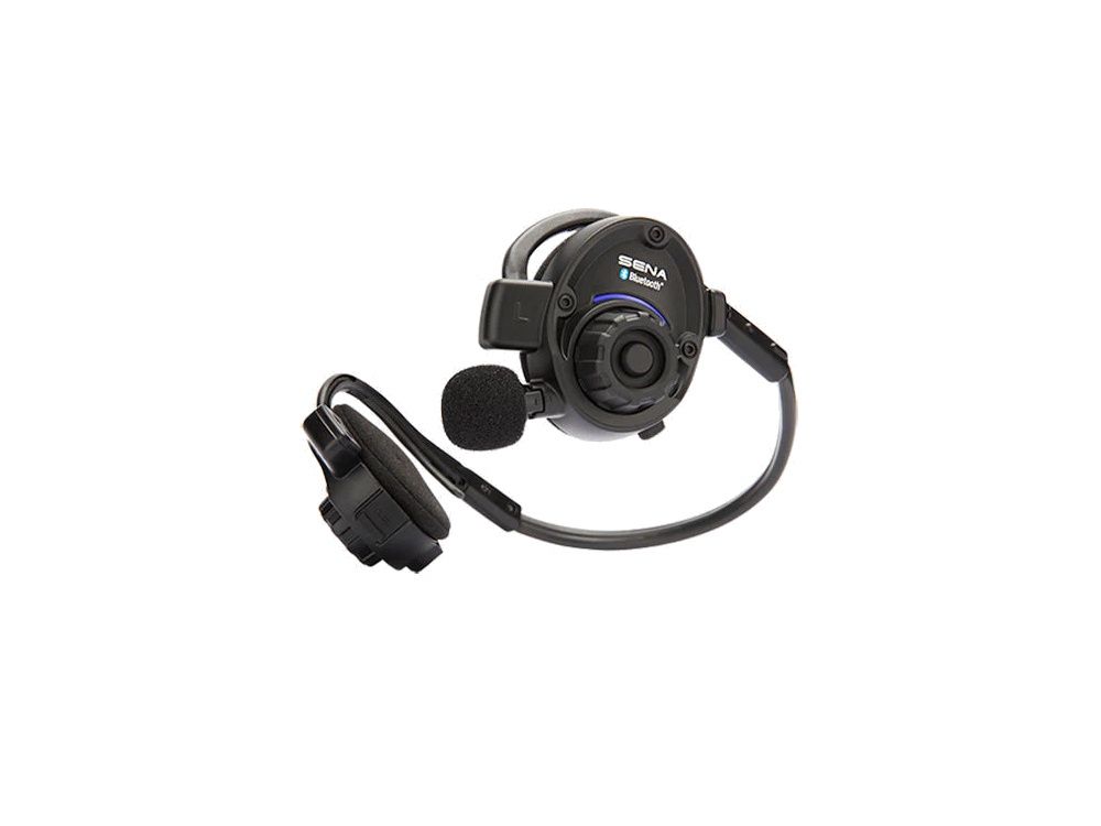 De Sena SPH10 outdoor Bluetooth headset voor Intercom en muziek delen schuin van onder met nekband