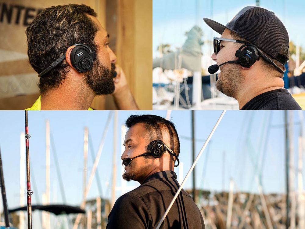 De Sena SPH10 outdoor Bluetooth headset voor Intercom en muziek delen door drie verschillende mensen in gebruik in een haven