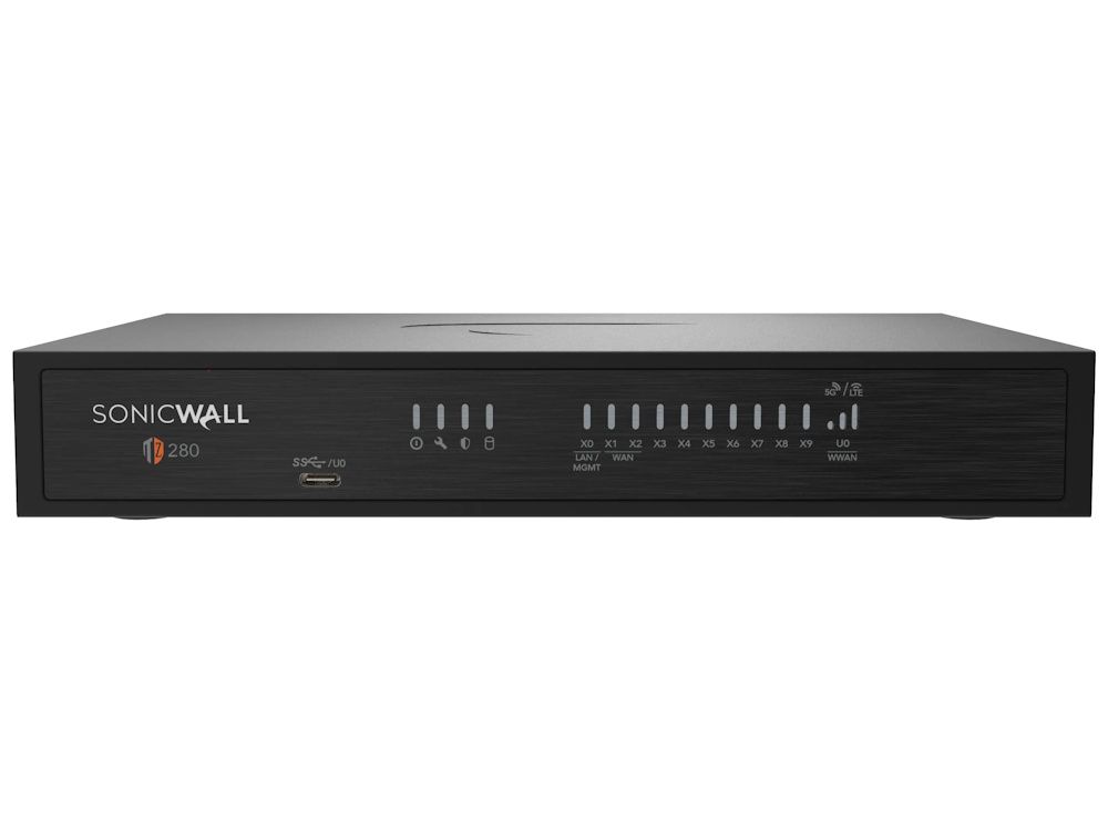 Voorkant van de SonicWall TZ280 firewall met status leds