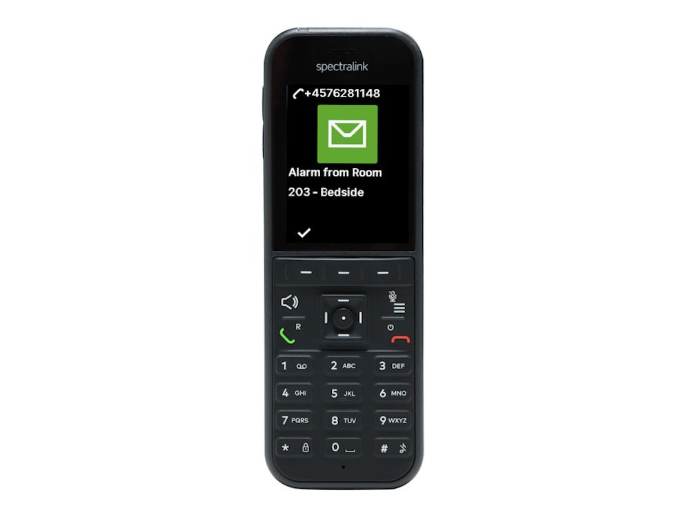 Voorkant van de Spectralink S35 DECT handset met alarmmelding op het kleurendisplay