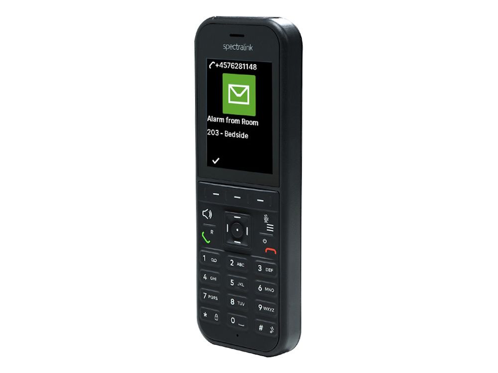 De Spectralink S35 DECT handset schuin van voren met een alarmmelding op het display