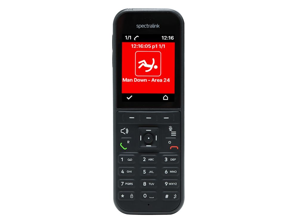 Voorkant van de Spectralink S37 DECT handset met het man down alarm actief
