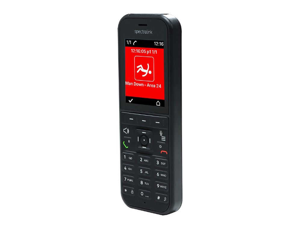 De Spectralink S37 DECT handset schuin van voren met het man down alarm actief